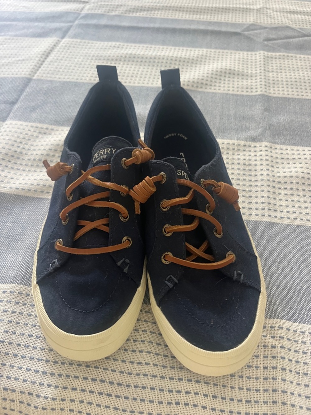 Sperry Navy Canvas Slip-On Sneakers with Brown Laces
